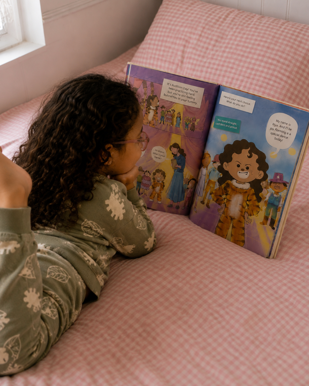 kid reading personlized diwali gift storybook on learning values from the gita by bound to belong stories on belonging, culture, tradition, heritage, roots with customized avatars