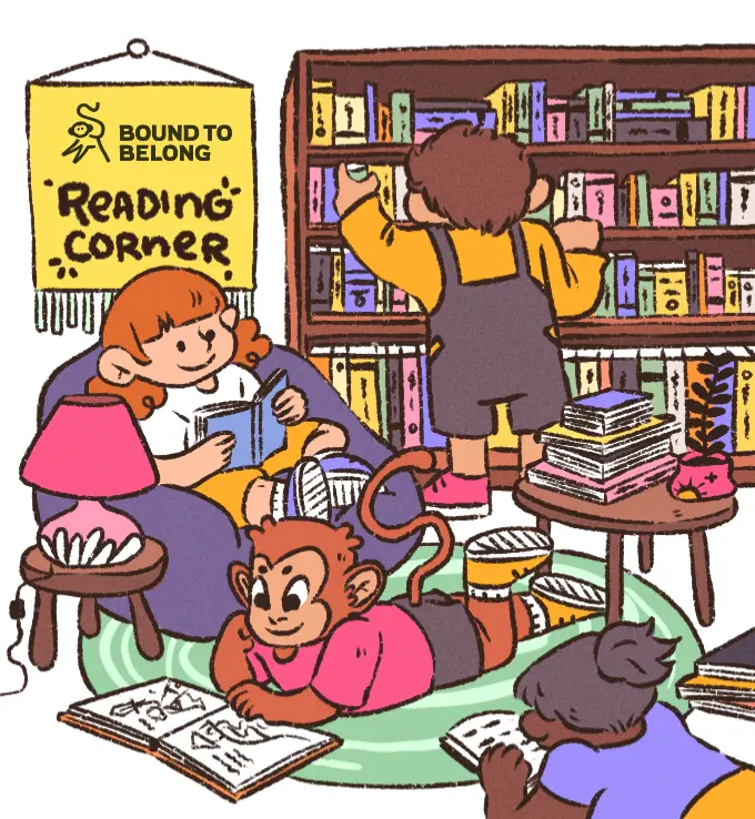 Children reading personalized story books about culture and belonging